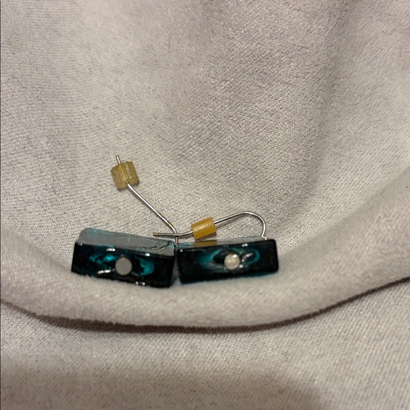 Iridescent Teal Square Glass Earrings - Picture 5 of 5